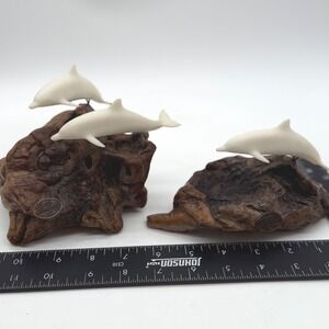 2 John Perry Dolphins Sculptures Driftwood‎ Base Marine Animal Art Collectible